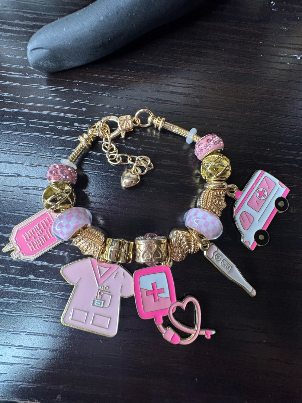Pink Nurse Charm Bracelet with Gold Accents